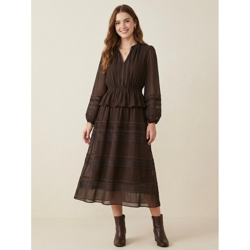 Ryegrass Brown Lace Trim Tiered Midi Dress Long Sleeve Smocked Waist Large